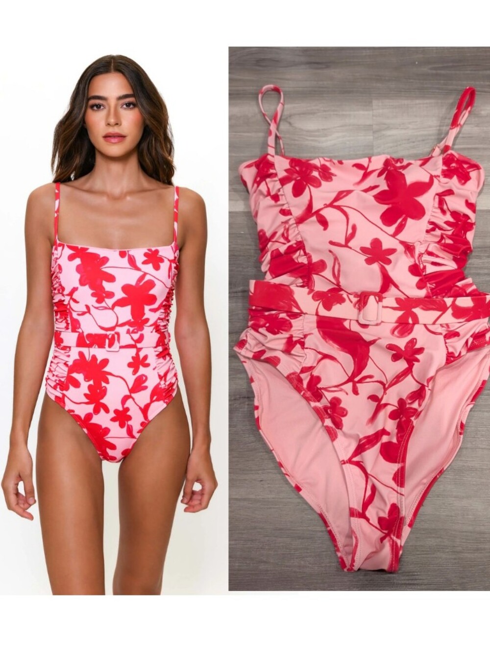 Hutch | Belted One-Piece Swimsuit In Pink Floral